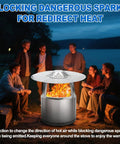Group of people around fire pit with 27 Inch Heat Deflector For Yukon Fire Pit Stainless Steel Diffuser With Three Support Legs