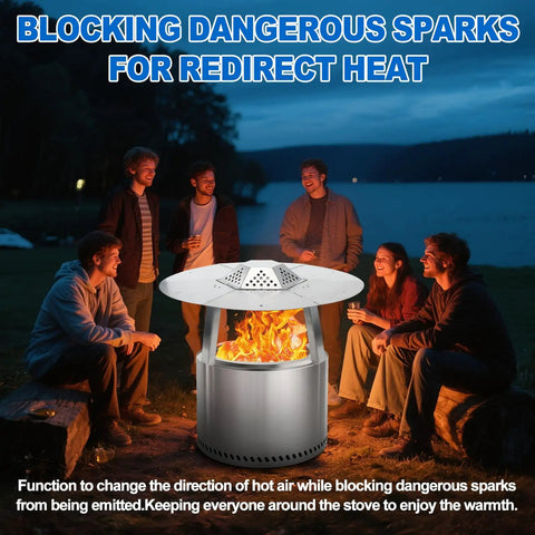 Group of people around fire pit with 27 Inch Heat Deflector For Yukon Fire Pit Stainless Steel Diffuser With Three Support Legs