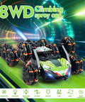 Front view of ToyFuntasy 8WD climbing RC car with green/black body and orange wheel hubs.