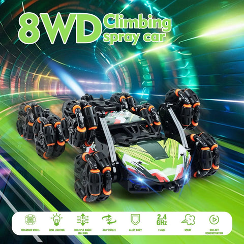 Front view of ToyFuntasy 8WD climbing RC car with green/black body and orange wheel hubs.
