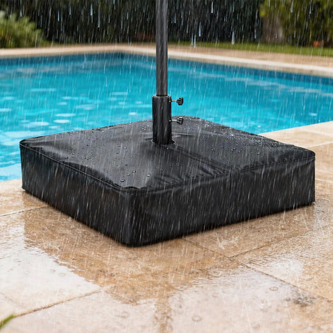 Patio Umbrella Base Cover For Square Stands Heavy Duty 600D Waterproof Anti UV Weatherproof Cover Only 30 Inch By 30 Inch By 5 Inch Black Fits Most Square Bases protecting against rain by a poolside.