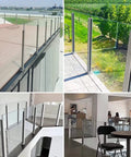 Built Different Stainless Steel Glass Railing Posts With Square Tube Design And Adjustable Heights For Indoor Hallways Outdoor Decks Pool Areas And Stairs Featuring A Rust Proof Brushed Finish that displays multiple installation angles.