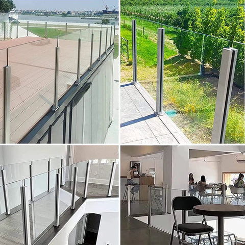 Built Different Stainless Steel Glass Railing Posts With Square Tube Design And Adjustable Heights For Indoor Hallways Outdoor Decks Pool Areas And Stairs Featuring A Rust Proof Brushed Finish that displays multiple installation angles.