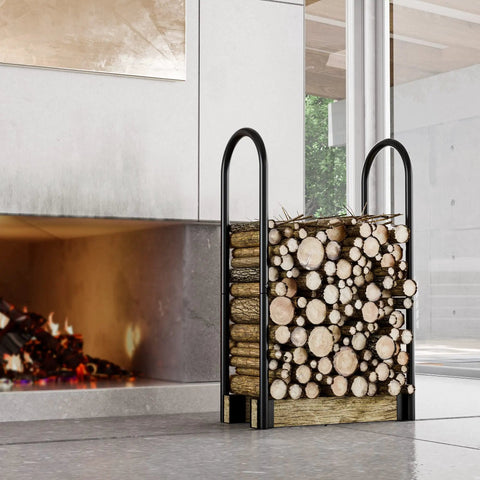 Heavy Duty Firewood Log Rack Kit With Adjustable Bracket For Indoor Or Outdoor Use, black steel holder by a fireplace