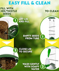 Diagram showing filling and cleaning of Outdoor Bird Feeder With 16 Ports For Thistle And Nyjer Seeds, Easy Hang Chew Proof Metal Design With 8 Perches, Built To Attract Finches And Other Small Songbirds To Your Garden