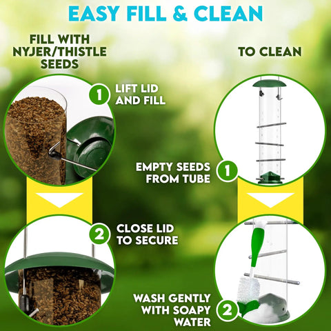 Diagram showing filling and cleaning of Outdoor Bird Feeder With 16 Ports For Thistle And Nyjer Seeds, Easy Hang Chew Proof Metal Design With 8 Perches, Built To Attract Finches And Other Small Songbirds To Your Garden