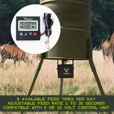 Universal 6V And 12V Game Feeder Digital Timer With Eight Daily Feed Times Adjustable Feed Rate Timer displayed on feeder