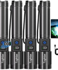 4 Pack Rechargeable LED Flashlights with 10000 Lumens Each and LCD Battery Display showing 100% charge and USB-C cables included