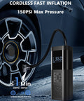 Portable Tire Inflator Air Compressor 150 PSI Cordless On The Go With Digital Pressure Gauge next to car tire