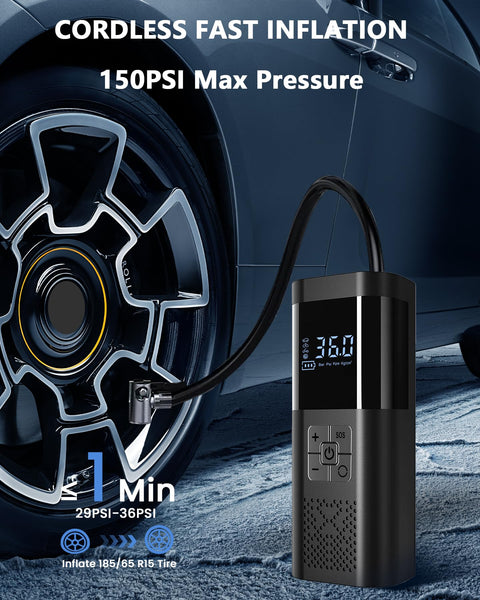 Portable Tire Inflator Air Compressor 150 PSI Cordless On The Go With Digital Pressure Gauge next to car tire