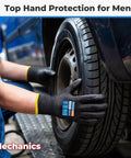 Mechanic wearing 12 Pairs PU Coated Cut Resistant Work Gloves With Tough As Nails Grip For Warehouse Woodworking And Construction Men And Women Full Finger Touchscreen Compatibility ANSI A1 Protection, handling car tire.