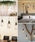 Pendant Light Cord Kit With Stepless Dimmer 28.5ft, vintage twisted hemp rope, triple E26 base in various room settings