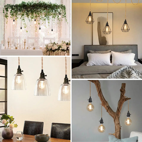 Pendant Light Cord Kit With Stepless Dimmer 28.5ft, vintage twisted hemp rope, triple E26 base in various room settings