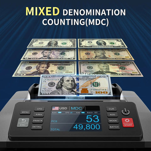Mixed Denomination Money Counter Machine With Value Counting And Three Displays, notes displayed, digital screen view