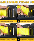 E Track Tie Down Rail Kit 31 Piece Set installation steps showing yellow ratchet strap attaching to E-track system.