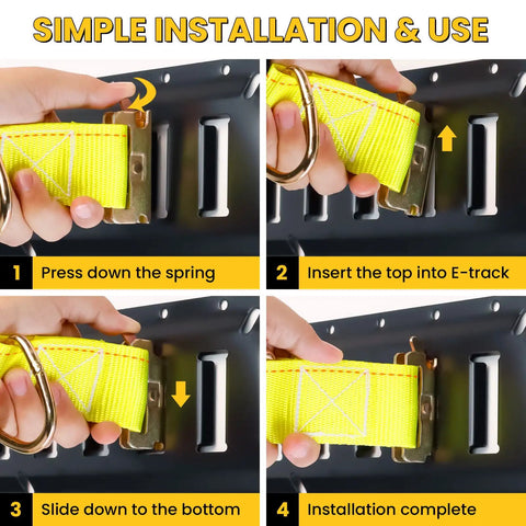 E Track Tie Down Rail Kit 31 Piece Set installation steps showing yellow ratchet strap attaching to E-track system.