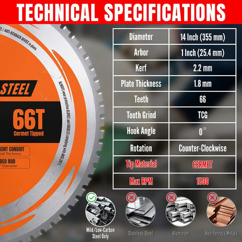 14 Inch 66T Cermet Metal Cutting Saw Blade With No Heat No Burrs And Sparks For Mild Steel Angle Iron And Pipe Pro Grade
