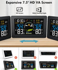 Dope Wireless Indoor Outdoor Weather Station With 7.5 Inch VA Display Remote Sensor Temperature And Humidity Weather Forecast Atomic Clock Home Weather Monitor Black showing detailed weather data.