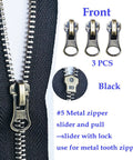 Zipper Repair Kit Size Five Twelve Piece Set With Sliders Top Stops And Bottom Stops For Coats And Jackets No Fuss Easy Quick Fix For Metal Plastic And Nylon Zipper Teeth. Front view of black metal #5 zipper and sliders.