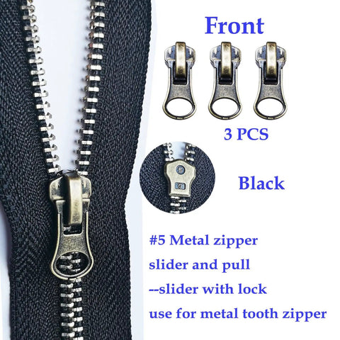 Zipper Repair Kit Size Five Twelve Piece Set With Sliders Top Stops And Bottom Stops For Coats And Jackets No Fuss Easy Quick Fix For Metal Plastic And Nylon Zipper Teeth. Front view of black metal #5 zipper and sliders.