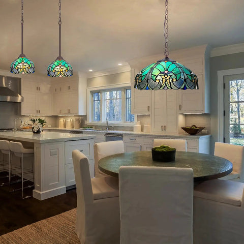 Tiffany Style Stained Glass Pendant Light With 16 Inch Wide Shade, 67 Inch Tall Vintage Vibe Hanging Lamp On 60 Inch Adjustable Chain