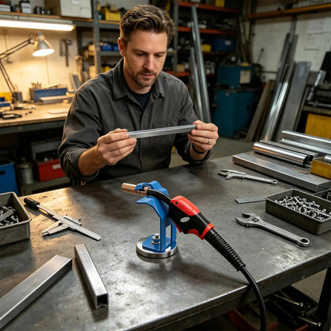 Heavy-Duty Magnetic Torch Holder With Strong Anti-Slip Base, Precision Welding Support Bracket being used on a workshop table.