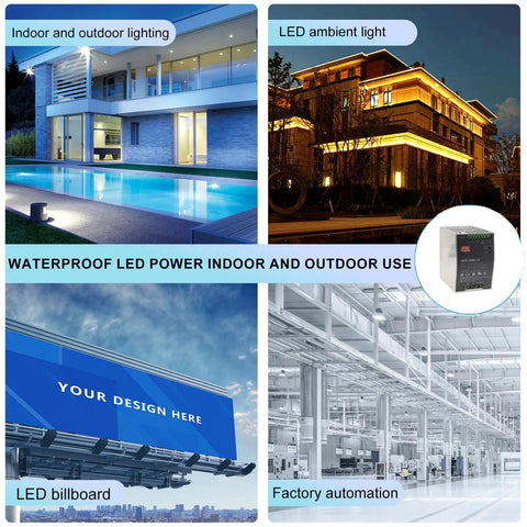 Collage of waterproof LED power use in outdoor lighting, ambient light, LED billboard, and factory automation.