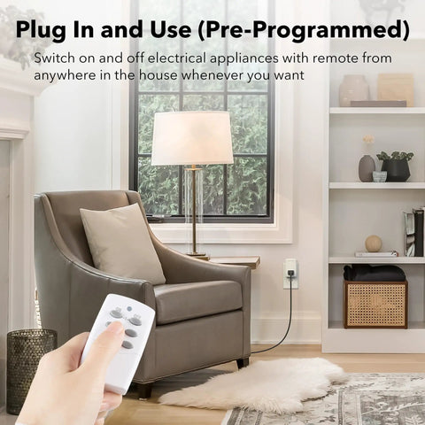 Living room with hand holding remote controlling Mini Wireless Remote Outlet Kit With One Remote And Three Outlets For Household Appliances