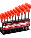 Metric T Handle Hex Key Set With Ball End Wrenches 2mm To 10mm in metal rack, ergonomic grips visible.