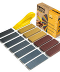 Premium Sandpaper Set With Ergonomic Hand Sander 72 Pieces 13 Grit Levels shown with color-coded sanding sheets