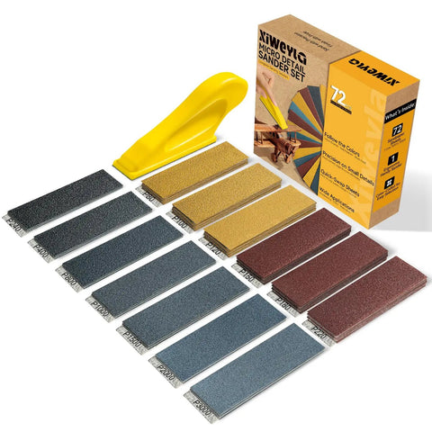 Premium Sandpaper Set With Ergonomic Hand Sander 72 Pieces 13 Grit Levels shown with color-coded sanding sheets