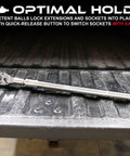 Extendable Three Quarter Inch Drive Industrial Ratchet Wrench With 24 To 39 Inch Long Reach Telescoping Locking Shaft shown on a truck bed.