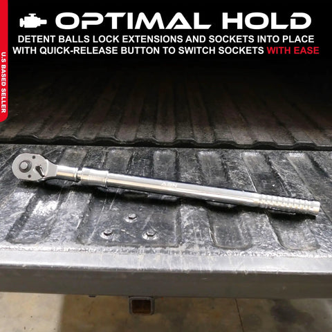 Extendable Three Quarter Inch Drive Industrial Ratchet Wrench With 24 To 39 Inch Long Reach Telescoping Locking Shaft shown on a truck bed.