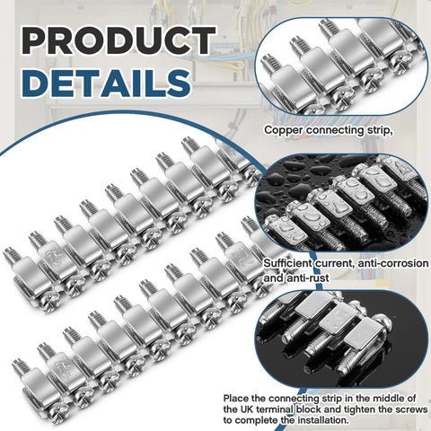 10 Pack FBI-10-6 Fixed Bridge Jumpers for Din Rail Terminal Blocks, 10 Pole Jumpers, shown in silver with copper connectors