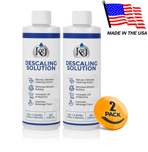 Premium Descaling Solution For Keurig Breville Nespresso Delonghi Cuisinart And Any Coffee Or Espresso Machine 4 Uses Natural Odorless Cleaning Made In USA 2x More Effective Than Leading Brand, two 8oz bottles labeled 'K&J Descaling Solution' with USA flag