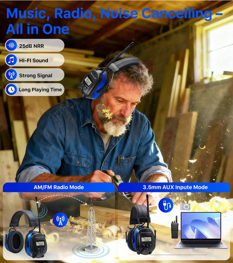 Man using Digital AM FM Radio Headphones With 25dB Noise Reduction Ear Muffs Safe Hearing Protection for woodworking.