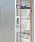 Solid 42U Gray Floor Standing Server Rack Beefed Up Steel Frame With Snappy Cooling Fan Locking Glass Door And Quick Release Panels, side view showing open glass door and shelves.