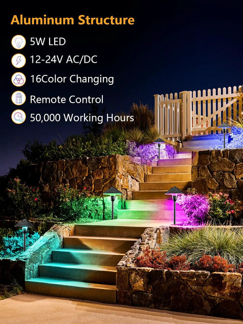 Aluminum stairway lit by Low Voltage RGBW Landscape Lighting System 5W Color Changing Pathway Lights 12 To 24V Waterproof LED