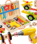 44 Piece Wooden Kids Tool Set With Drill, bright tools in box, colorful parts assembled, educational toy for fine motor skills