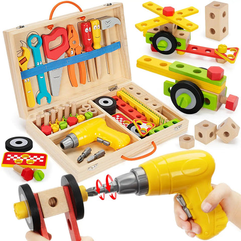 44 Piece Wooden Kids Tool Set With Drill, bright tools in box, colorful parts assembled, educational toy for fine motor skills
