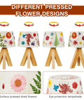 Different designs of Pressed Flower Table Lamp With Gift Box Set, Cottagecore boho rustic night light with wooden base and linen shade.