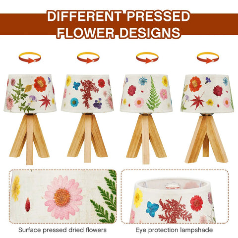 Different designs of Pressed Flower Table Lamp With Gift Box Set, Cottagecore boho rustic night light with wooden base and linen shade.