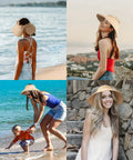 Collage of women wearing Women's Wide Brim Ponytail Straw Sun Hat Packable Foldable UPF Fifty Plus Khaki on a beach and park settings