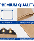 Beige 6x8 Heavy Duty Waterproof Tarp 12.5 Mil Ultra Tough Tear Resistant Poly Cover details: size diagram, reinforced edges and grommet