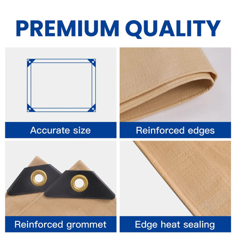 Beige 6x8 Heavy Duty Waterproof Tarp 12.5 Mil Ultra Tough Tear Resistant Poly Cover details: size diagram, reinforced edges and grommet