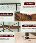 Detailed view of the Rustic Brown And Black Bakers Rack With Drawer Microwave Stand Power Outlet And USB Ports Coffee Bar Station.