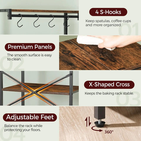 Detailed view of the Rustic Brown And Black Bakers Rack With Drawer Microwave Stand Power Outlet And USB Ports Coffee Bar Station.