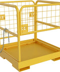Front view forklift cage, 36x36 in platform with safety rails, collapsible steel lift basket, 1150 lb capacity, yellow