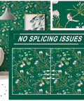 Green Floral Peel And Stick Wallpaper With Vintage Bird Pattern Removable Self Adhesive Wall Covering Waterproof And Oil Resistant Vinyl Thick Texture For Easy Home Decor And Furniture Makeover 58 Sq Ft shown with seamless design and close-up detail.