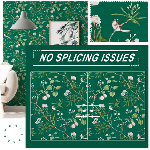 Green Floral Peel And Stick Wallpaper With Vintage Bird Pattern Removable Self Adhesive Wall Covering Waterproof And Oil Resistant Vinyl Thick Texture For Easy Home Decor And Furniture Makeover 58 Sq Ft shown with seamless design and close-up detail.